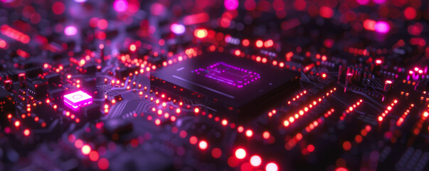 Obraz premium A computer chip is lit up in a purple hue. Concept of technology and innovation, as well as a futuristic or sci-fi vibe. The bright colors and glowing lights give the impression of a powerful