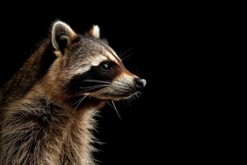 Fototapeta premium the beside view Crab-eating Raccoon, left side view, isolated on black background 