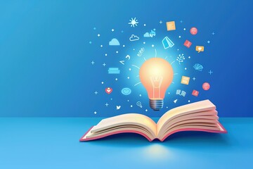 An open book with a glowing lightbulb icon and various icons of business ideas,