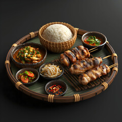 Traditional Asian Meal with Grilled Skewers, Rice, and Side Dishes on Bamboo Tray
