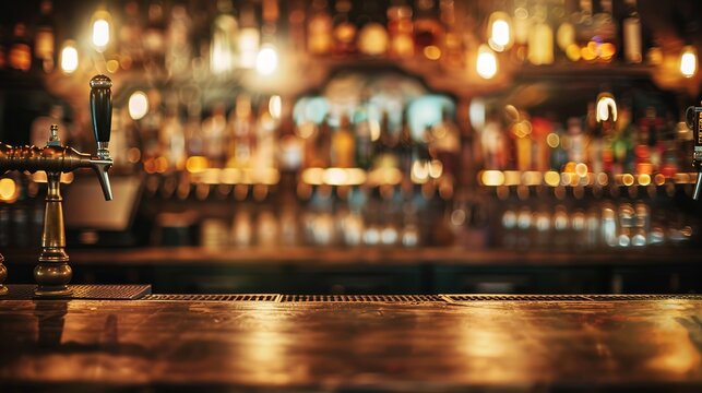 Professional Front View of Empty Bar Counter with Blurry Beer Taps in Background, Studio Lighting