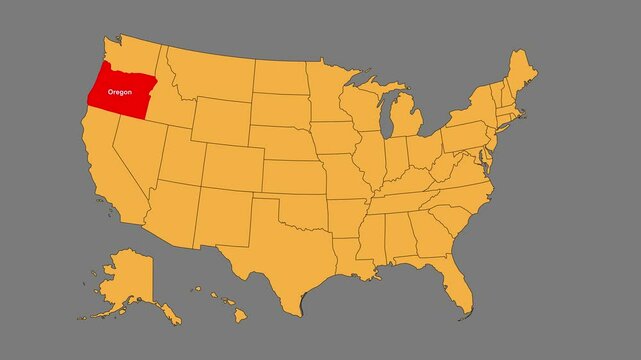 Oregon map animated video. Map Highlighted on the USA map with animation and colour with Gray background in video format.	