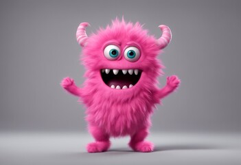 happy pink cute cartoon monster character on transparent background dancing colorful style furry waving 