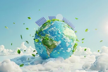 Naklejka premium 3D rendering of planet Earth with solar panels on top isolated on a white background, depicting a green energy concept of a solar power plant