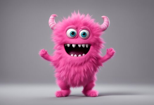 happy pink cute cartoon monster character on transparent background dancing colorful style furry waving 