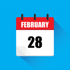 February calendar icon. Date 28 vector. Date twenty eight. Flat design shadow.