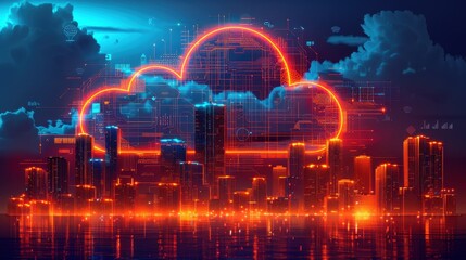 Futuristic Cityscape with Cloud Computing and Digital Network