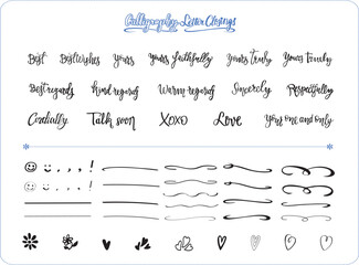 Letter Closing Phrases, Set of Handwritten calligraphy with decorative ornaments, lines and symbols. Complimentary close of a letter vector pack. Best regards, yours faithfully, sincerely