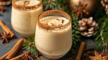 Fototapeta premium Spiced eggnog for holiday festivities in cinnamon rimmed glasses Traditional winter beverage
