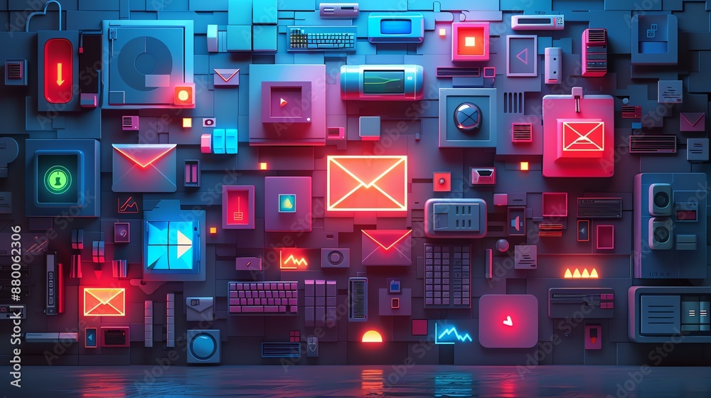 Poster Neon 3D Interface Design with Glowing Envelopes.
