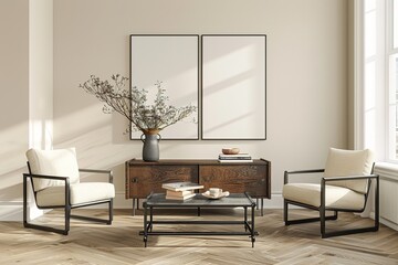 A living room with a white oak herringbone floor, an empty black metal coffee table in the center