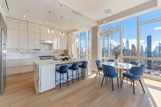 A modern kitchen with white cabinets, light wood floors and blue chairs in front of large