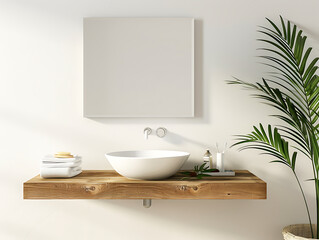 Interior of modern bathroom with white bathtub, round mirror and white towel on wooden shelf