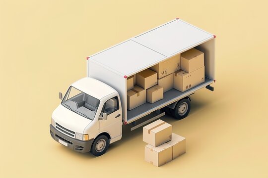 a white truck with boxes inside, isometric 3d rendering of the back doors open to reveal lots