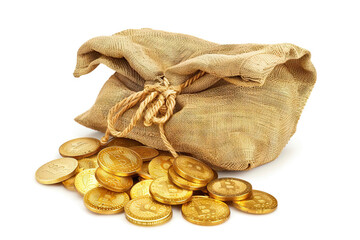 Old-fashioned burlap sack spilling out shiny golden coins, evoking images of treasure, wealth, and prosperity. Captured on a white background for a clean, high-contrast presentation.
