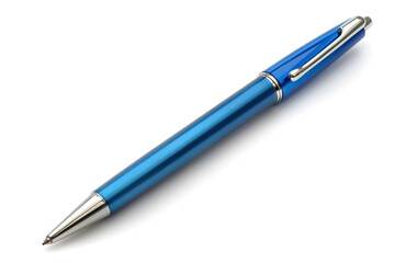 Sleek blue ballpoint pen with a metallic finish and silver accents, lying diagonally on a white background, perfect for office, school, and professional settings, combining elegance and functionality.