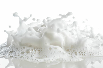  milk splashing and frothing against a white background, capturing the dynamic movement and freshness of the liquid, perfect for food and beverage themes, dairy products, and advertisements.