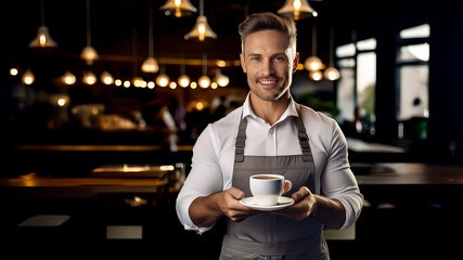 UM JOVEM E BONITO GAR&Ccedil;ON USANDO AVENTAL EM P&Eacute; COM SERVINDO CAF&Eacute;  EM UM RESTAURANTE OU CAFETERIA
