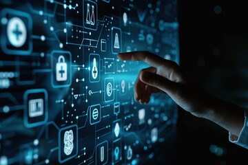 Digital health technology concept with medical icons and a hand touching a digital screen