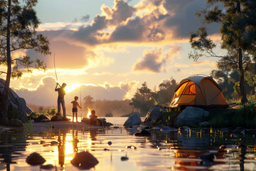 Obraz premium Family camping and fishing outside tent in the lake near mountains during sunset or sunrise on background. Active family travel leisure on holiday vacation. Nature landscape.