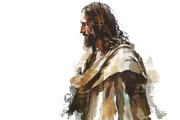 Artistic painting of Jesus Christ in profile, depicted in warm tones, highlighting his contemplative and serene nature, captured on a plain white background.
