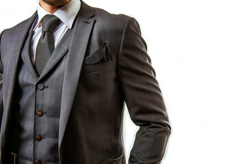 Close-up of a man wearing a stylish black suit with a matching vest and tie, emphasizing formal attire and professional elegance, ideal for business or formal events.