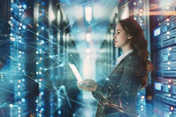 Double exposure of a woman holding a laptop with a data center server room background