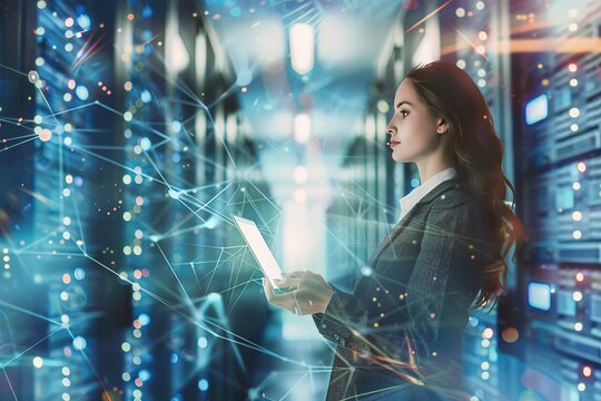 Double exposure of a woman holding a laptop with a data center server room background