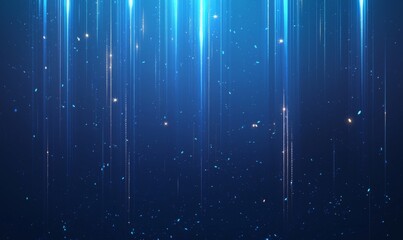 Blue background with vertical lines of light and particles,  with glowing lights and glowing effects, vertical stripes of blue light and stars on a dark background 