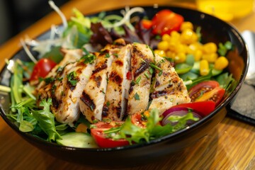 Fresh grilled chicken salad with mixed vegetables in bowl