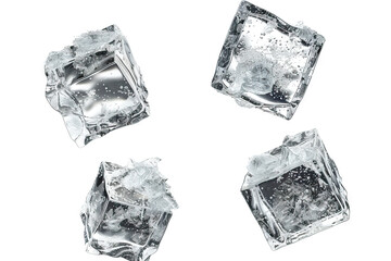 Obraz premium High-resolution image of four clear ice cubes isolated on a white background, highlighting their transparent structure and purity, ideal for beverage marketing and cold refreshment promotions.