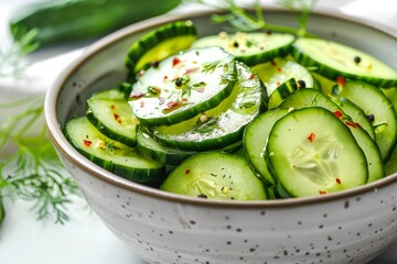 Pickles and cucumbers slices in a white bowl