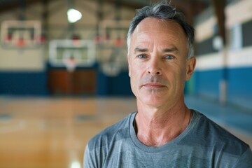 Obraz premium Portrait of a middle aged Caucasian man in indoor basketball gym