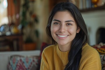 Smiling portrait of a young Hispanic woman at home
