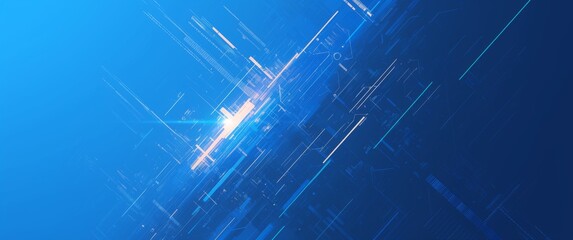 Obraz premium Blue technology background with glowing lines and bar charts in the center of an abstract cityscape