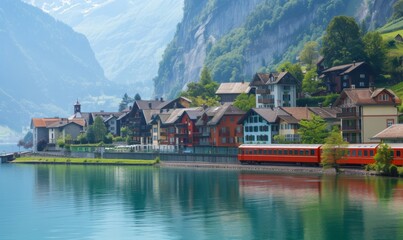 Famous electric red tourist panoramic train in swiss village Lungern, canton of Obwalden, Switzerland