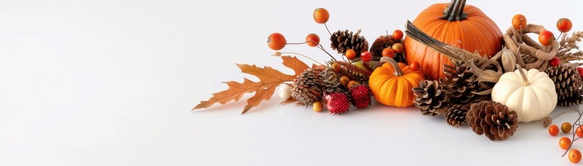 Autumn harvest arrangement with pumpkins, pinecones, berries, and leaves on a white background, ideal for seasonal and festive themes.