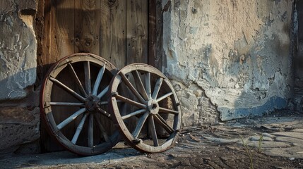 Obraz premium Two old wooden cartwheels leaning against a wall