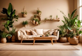 the love concept copy room design space stylish floor wooden room interior lot plants wall composition chair beige home boho table furniture carpet living  
