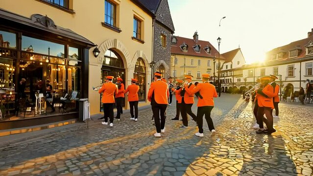 Marching Band Performing in European Town Square with Ai generated.
