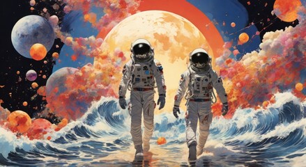 Astronaut in space and on the moon, in a fantasy night silhouette