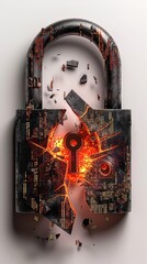 A broken padlock with glowing orange circuits, symbolizing hacking, cybersecurity breaches, and digital threats on a white background.