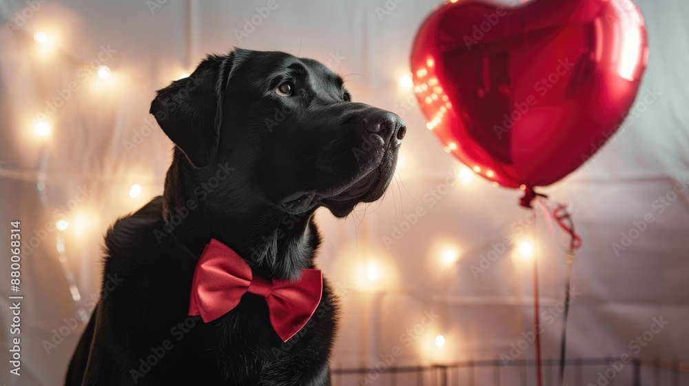 Poster Labrador dog with bow tie and balloon near light wall for Valentine s Day