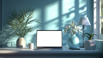 Mockup of modern laptop in room with plants and blue wall, AI-generative