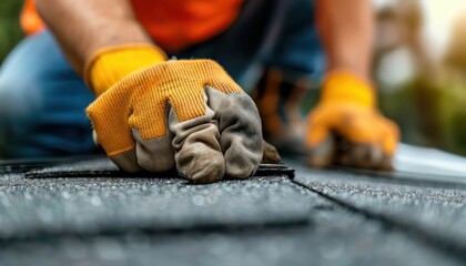 Professional Roof Installation Builder Adjusting Shingles for a Tight Fit on a Shingle Roof, Meticulous Work Ensures Quality and Durability