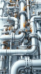 Complex metallic pipeline system with valves and joints showcasing industrial engineering and infrastructure in a large facility.