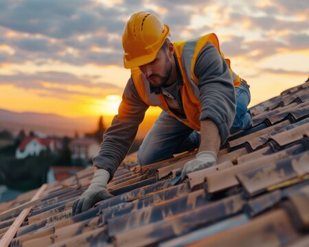 Professional Roof Repair Contractor Working Early Morning to Fix Roof Damage Experienced Builder Repairing and Replacing Tiles on a Roof with Expertise Get Your Roof Fixed Today