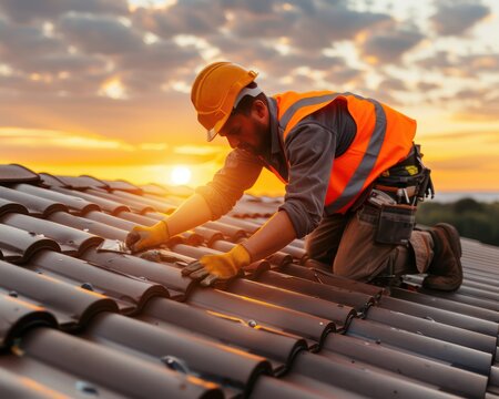 Professional Roof Repair Contractor Working on a Roof at Sunrise, Expert Roofers Fixing a Leaky Roof Early in the Morning, Residential Roof Repair Services