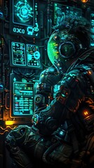 Futuristic astronaut operating advanced technology with holographic interface in a high-tech control room aboard a spacecraft.