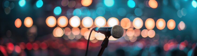 Obraz premium Close-up of a microphone on stage with colorful bokeh lights in the background, creating a vibrant and energetic atmosphere.